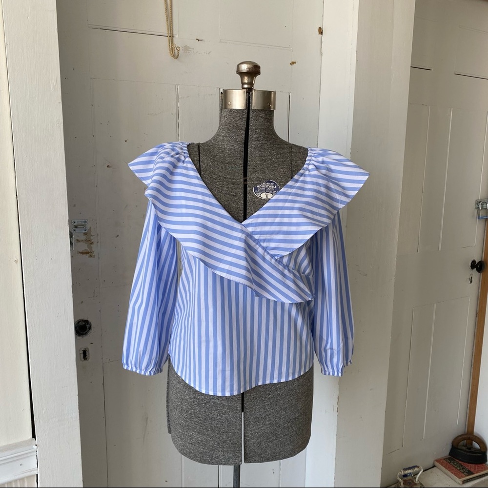 Sanctuary Icy Blue Stripe Ruffle Crossover Pirate Shirt Top Blouse